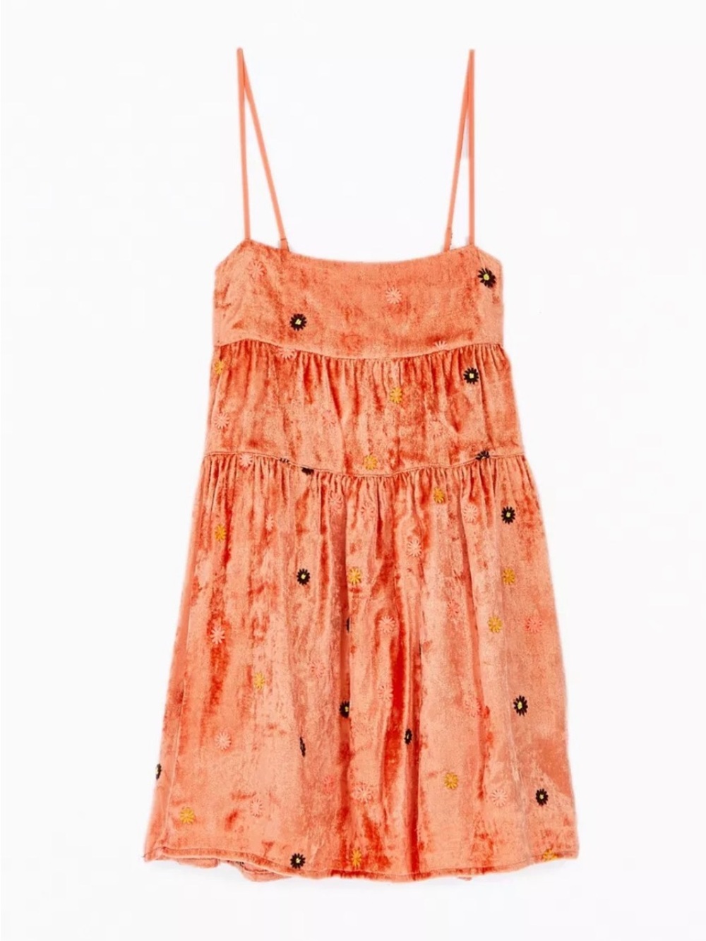 Kimchi Blue Coral Velvet Tiered Mini Dress with Floral Embroidery